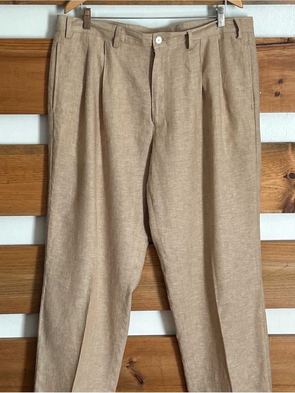 Alan Flusser Linen Blend Tan Pleated & Cuffed Dress Pants Men’s 38x30